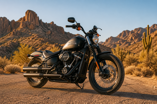Black Harley-Davidson motorcycle parked on kickstand in a sunny desert landscape with mountains in the background