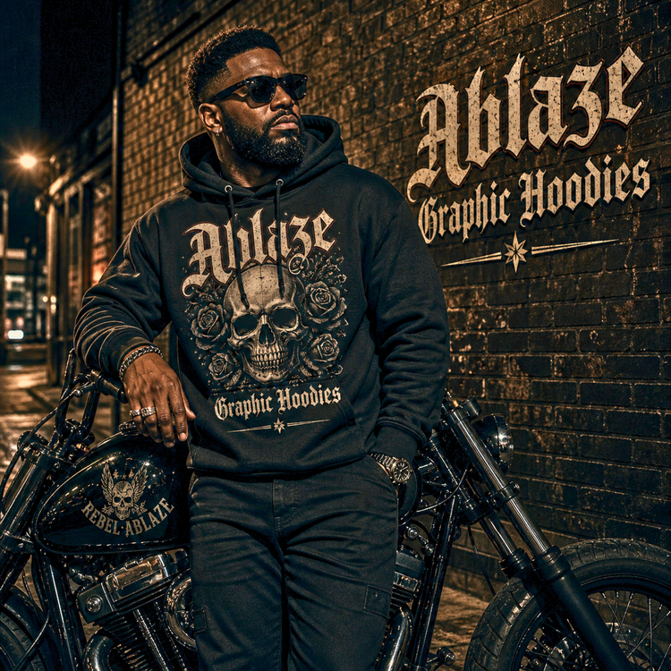 Man leaning on motorcycle wearing a custom hoodie